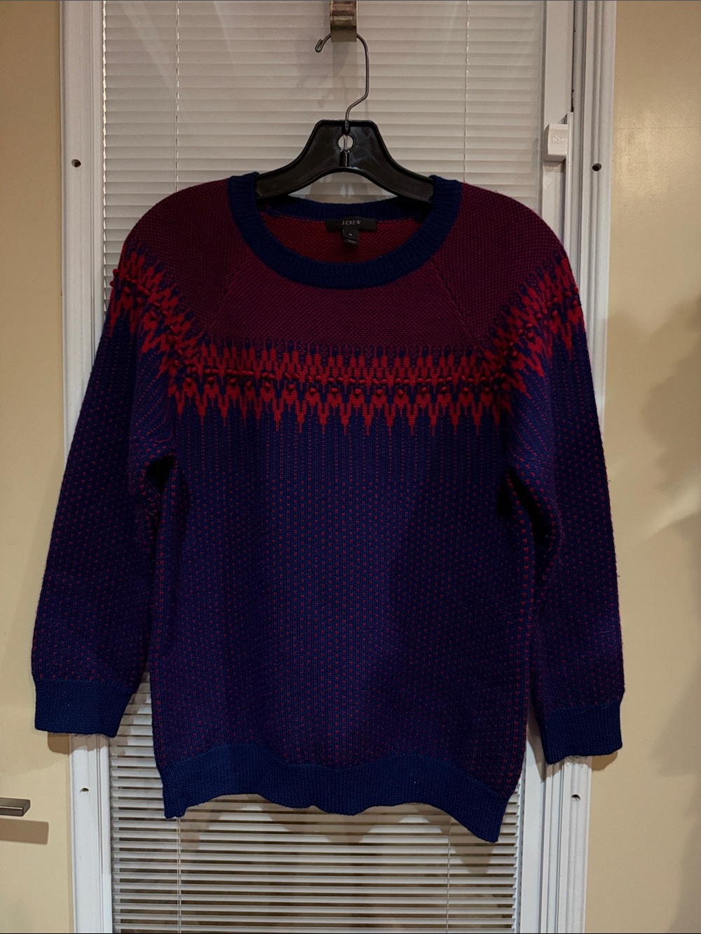 J. Crew Purple Crewneck Sweater with Red Yoke Pattern